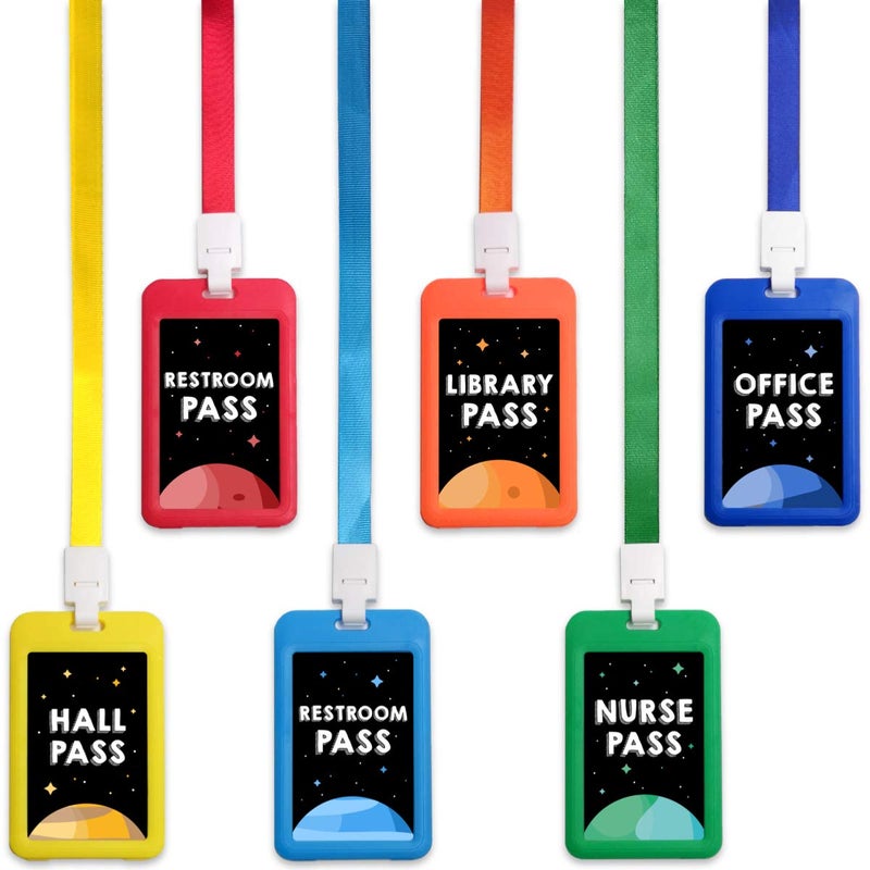 Fun-Plus Hall Pass Lanyards Unbreakable Plastic School Passes Set for Teachers and Classroom Supplies Including Hall Passes of Nurse, Restroom, Library, Office(6 Pack) - Image 1